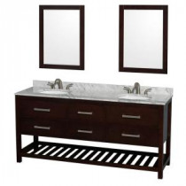 Natalie 72 in. Double Vanity in Espresso with Marble Vanity Top in White Carrara, Under-Mount Sinks and 24 in. Mirrors