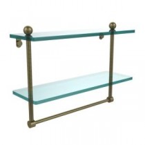 16 in. W x 16 in. L 2-Tiered Glass Shelf with Integrated Towel Bar in Antique Brass
