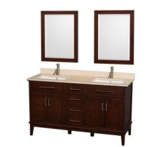 Hatton 60 in. Double Vanity in Dark Chestnut with Marble Vanity Top in Ivory, Square Sink and 24 in. Mirrors